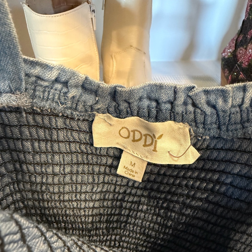 ODDY Light Blue Smocked Tie-Shoulder Denim Dress - Picture 2 of 3